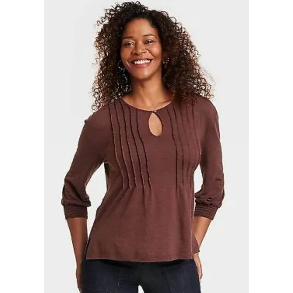 Knox Rose Brown Pintuck 3/4 Sleeve Top